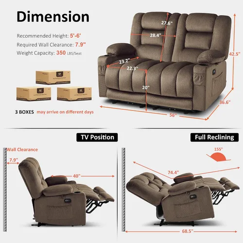 Miniatura 2 de MCombo PR648SET - Sofá reclinable eléctrico de gravedad cero de 55.9 pulgadas con masaje de calor y vibración, sofá biplaza reclinable con puertos