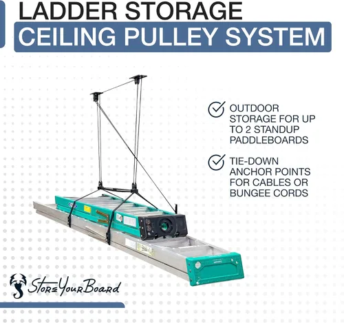Miniatura 5 de StoreYourBoard Sistema de polea de techo de almacenamiento de escalera, polipasto de montaje en garaje, organizador colgante resistente