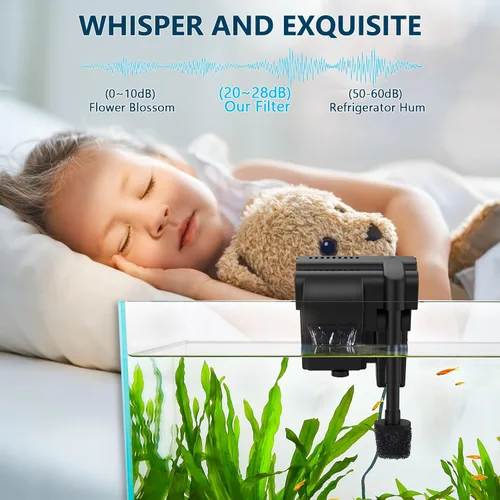 Miniatura 4 de fishkeeper Filtro de acuario ultra silencioso de 5 W 120 GPH para colgar en la parte posterior, filtro bioquímico de 4 etapas para tanque de peces
