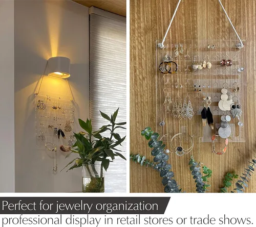 Miniatura 5 de Soporte para aretes para colgar en la pared, organizador de joyas, estante acrílico con 96 agujeros, 6 ganchos para collares, pulseras