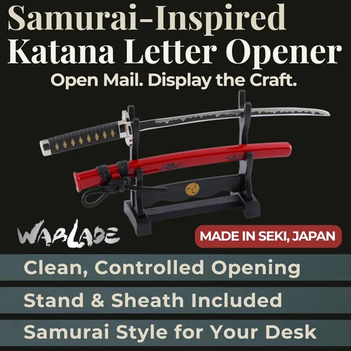 Miniatura 2 de Wablade Abrecartas Katana inspirado en samurái de 8.27 pulgadas, fabricado en Seki, Japón, con soporte y funda, abrelatas de correo japonés