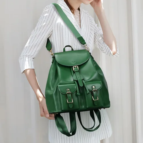 Miniatura 2 de Chillo - Mochila grande de cuero vegano para mujer, diseño multiusos, con cordón, Verde, Mochilas de mochila