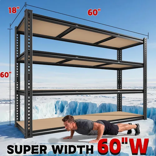 Miniatura 3 de ROOMFAVE Estantería de metal para garaje de 60 pulgadas de ancho, estantes de almacenamiento de 2800 libras, estantería ajustable de 4 niveles