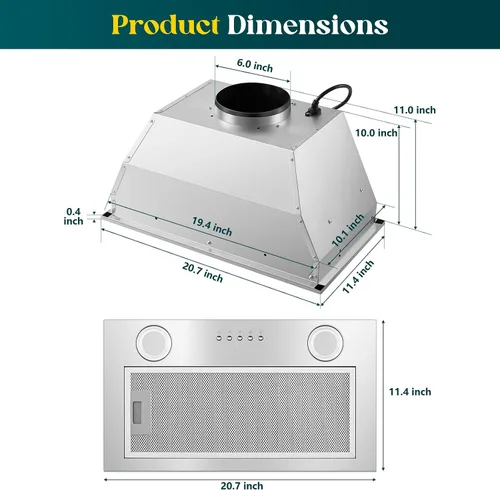 Miniatura 3 de Campana extractora de 20 pulgadas, campana de cocina integrada de 600 CFM, convertible con conductos/sin conductos, inserto de campana