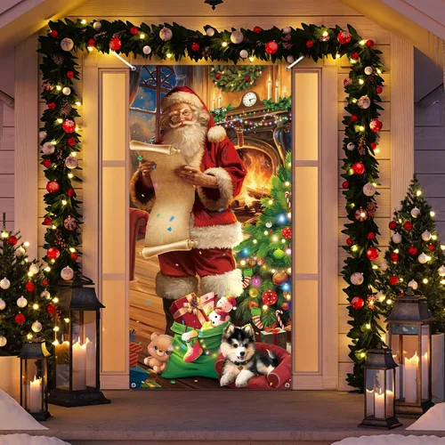 Zeyune Decoraciones de Cubierta de Puerta Delantera de Navidad Pancarta de Puerta de Papá Noel Vintage Feliz Navidad Perro Chimenea Árbol de Navidad