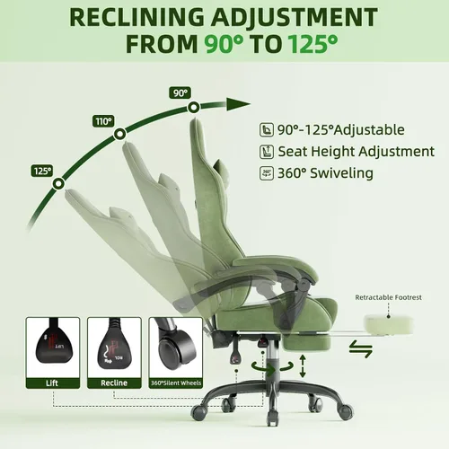 Miniatura 8 de Huracan Silla de juegos de tela de terciopelo con reposapiés para adultos, sillas ergonómicas para juegos con base de masaje, silla reclinable