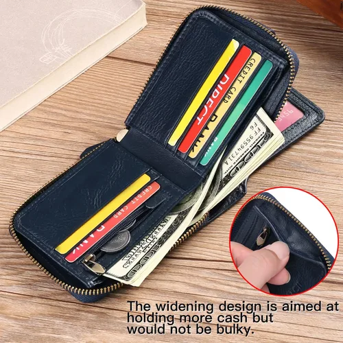 Miniatura 18 de GOIACII Cartera con cremallera para hombre, de piel auténtica, con bloqueo RFID, con cremallera, bolsillo para monedas, para identificación, con Café