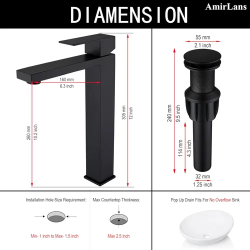 Miniatura 2 de Grifo de Fregadero de Recipiente Negro Mate, Grifo de Baño Alto de Un Solo Agujero para Fregadero de Recipiente, Grifo de Acero Inoxidable Negro