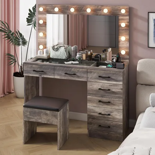 Miniatura 18 de VINGLI Tocador 3 en 1 con espejo deslizante iluminado LED y taburete acolchado sobre ruedas, pequeño tocador de maquillaje con 3 cajones y 2 Negro