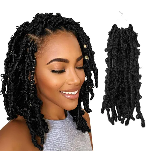 Miniatura 20 de Niseyo 6 paquetes de trenzas de ganchillo suaves de mariposa de 10 pulgadas, hechas a mano, preenlazadas, color negro oscuro, trenzas de mariposa