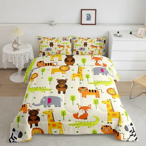 Miniatura 8 de Erosebridal Juego de ropa de cama individual de animales del zoológico para niños, lindo juego de edredón de animales salvajes de dibujos animados