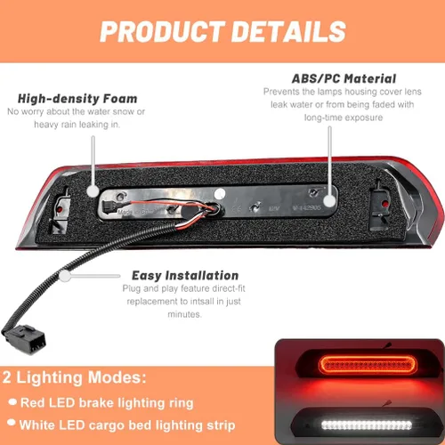 Miniatura 4 de Para RAM 1500, tercera luz de freno de repuesto para 2002-2009 D0dge RAM 1500 2500 3500 Pickup Lente ahumada LED roja 3ª luz de freno estroboscópica