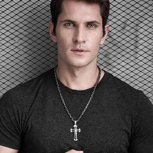 Miniatura 2 de Trendsmax - Collar con colgante de cruz para hombre, acero inoxidable, cadena bizantina de 22 24 26 28 30 pulgadas