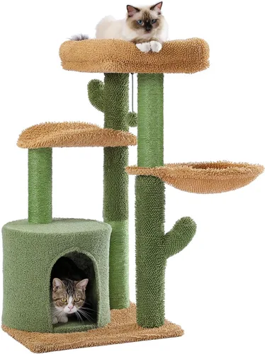Miniatura 9 de MUTTROS Árbol de gato Cactus de 40" con torre para gatos, hamaca de alfombra grande de metal, poste para arañar para gatos de interior con Verde