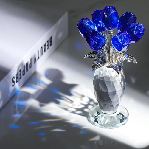 Miniatura 2 de Movdyka Figura de flor de cristal de rosa azul con jarrón de cristal, regalos para mujeres, esposa, novia, mamá, decoración de mesa coleccionable