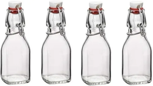 Bormioli Rocco 4.25 Oz Square Swing Top Bottles (Set of 4) - Leakproof & Airtight Storage Jars with Clamp Lids, Clear Reusable Bottles, Glass Drink
