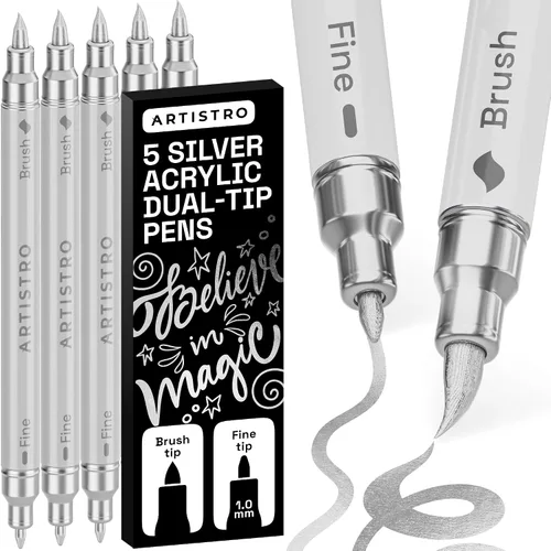 Miniatura 27 de ARTISTRO 5 marcadores de pintura acrílica negra, bolígrafos de pintura de doble punta + pincel fino ideal para caligrafía, perfectos para tela