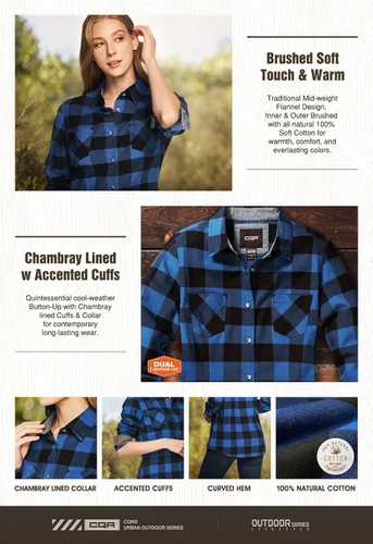 Miniatura 3 de CQR - Camisa de franela a cuadros para mujer, de manga larga, casual, de algodón suave cepillado y con botones