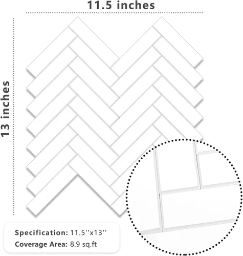 Miniatura 5 de Vamos Tile Azulejo Blanco Brillante de Dolomita Despegar y Pegar para Salpicaderas - 10 Hojas Azulejos de PVC Autoadhesivos en Espiga para Pegar