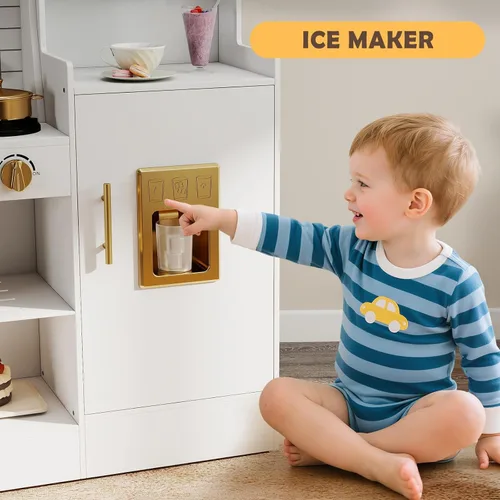 Miniatura 6 de JOYLDIAS Cocina moderna de madera, juego de cocina de juguete para niños pequeños con lavadora, refrigerador, microondas, horno, cafetera, luces
