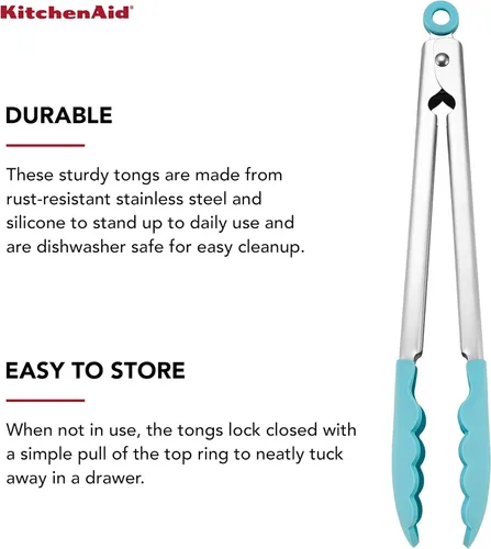 Miniatura 3 de KitchenAid Pinzas de acero inoxidable con punta de silicona, 12 pulgadas, Aqua Sky aguamarina (Aqua Sky)