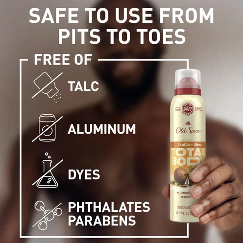 Miniatura 4 de Old Spice Desodorante en aerosol para todo el cuerpo para hombres, sin aluminio, aroma a vainilla + karité, protección contra olores 24/7, frescura