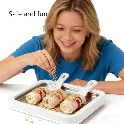 Miniatura 3 de Máquina para hacer helados enrollados, máquina de rodillo de helado de acero inoxidable con 2 espátulas, bandeja antiadherente de enfriamiento