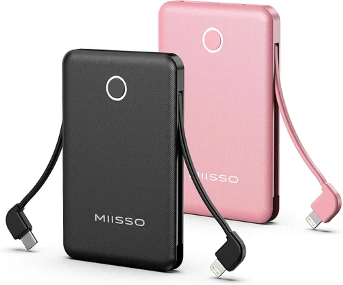 Banco de energía de 6000mAh ultra delgado con cables integrados, paquete de batería del tamaño de una tarjeta con cables USB C integrados, cargador