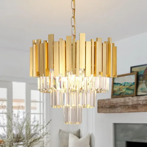 Miniatura 12 de Lámpara de araña moderna de cristal, 9 luces, lámpara de araña dorada, lámpara de comedor, sala de estar, dormitorio, vestíbulo, pasillo, candelabro