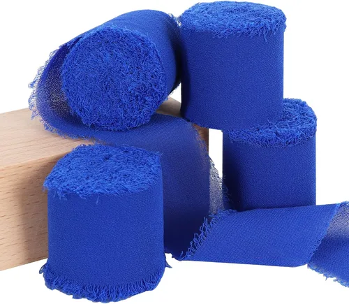 Miniatura 26 de TONIFUL 4 rollos de cinta de seda de gasa azul claro azul claro de 1-1/2 pulgadas, 22 yardas hechas a mano con flecos, juego de cintas de gasa