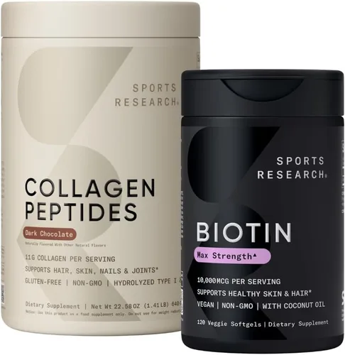 Sports Research Hair Essentials Pack - Suplemento proteico de colágeno en polvo de chocolate oscuro (40 porciones) y biotina (vitamina B7) 10,000