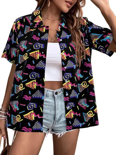 Trajes de los años 80 y 90 para mujer, camisa de discoteca retro para fiesta temática de los años 80, camisa hawaiana de neón con botones y manga