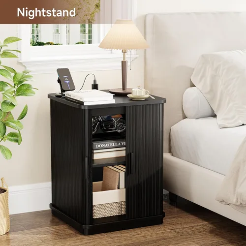 Miniatura 6 de ONBRILL Mesa auxiliar cuadrada con estación de almacenamiento y carga, mesa auxiliar acanalada con puerta corredera y pedestal resistente, mesita