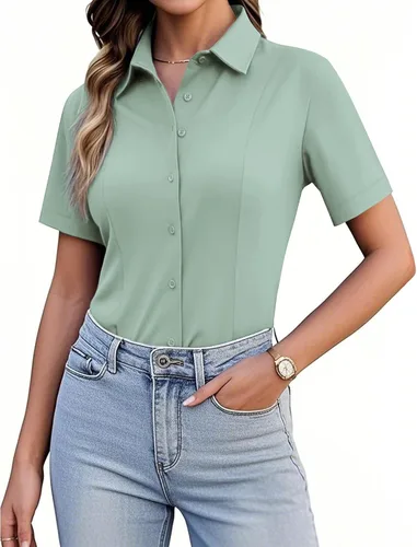 Miniatura 13 de Siliteelon Camisetas de Botón para Mujer, Ajustadas, de Manga Corta, Elásticas, Camisa de Vestir, Sin Arrugas, Sólida, Blusa de Trabajo