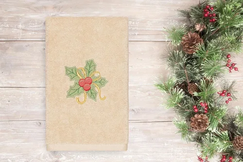 Miniatura 3 de Toalla de mano bordada de lujo 100% algodón turco, racimo de acebo de Navidad