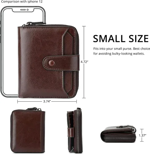 Miniatura 5 de Carteras pequeñas para mujer, con bloqueo RFID, de cuero, con cremallera, bolsillo para monedas, tarjetero, con ventana de identificación, Café