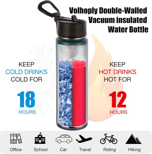 Miniatura 3 de Volhoply Botellas de agua aisladas con popote a granel, paquete de 4, botellas deportivas de acero inoxidable de 22 onzas con asa, tazas de agua