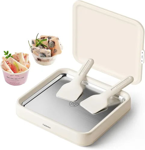 Máquina para hacer helados enrollados, máquina de helado instantáneo con tapa y 2 espátulas, acero inoxidable SUS316 de grado alimenticio, bandeja