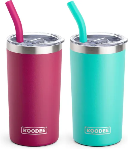 Miniatura 29 de Koodee - Vaso delgado de acero inoxidable de 20 onzas (4 unidades) aislado con doble pared, vaso de agua con 4 tapas, 4 popotes y 2 cepillos