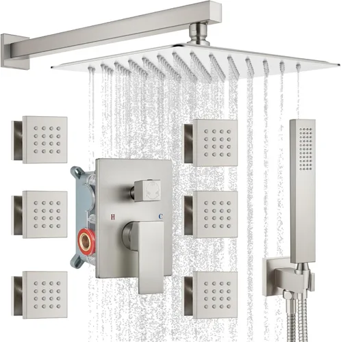Miniatura 10 de gotonovo Grifo de ducha con chorros de cuerpo completo, mezclador de lluvia, cabezal de ducha de lluvia de 12 pulgadas y rociador de mano, válvula