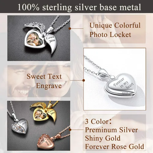 Miniatura 4 de SILVERCUTE Personalized & Engraved Locket Necklace with 18" Chain -Angel Wings Locket, Custom Heart Locket Pendant That Holds Picture, Sterling
