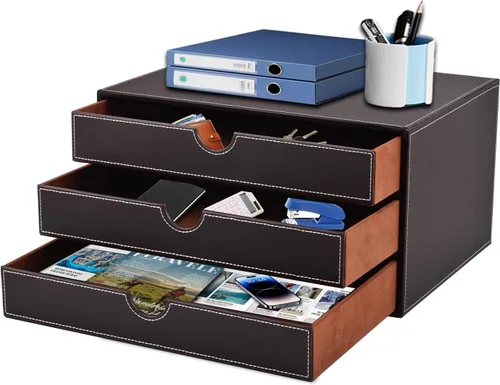 Miniatura 8 de Organizador de escritorio de piel sintética con 3 cajones, suministros de oficina ejecutivos, archivador A4, soporte para joyas, facturas, papel