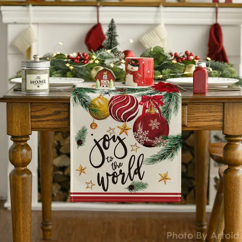 Miniatura 7 de Artoid Mode Bolas de Navidad con diseño de bolas de Navidad, Pino y Poinsettia, Camino de mesa de Navidad, decoración de mesa de comedor