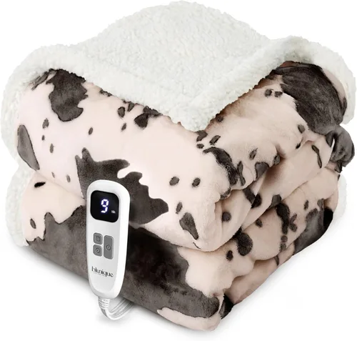 Miniatura 26 de Manta térmica con estampado de vaca, manta eléctrica, manta térmica con 10 niveles de calor y 10 horas de apagado automático, acogedora y suave