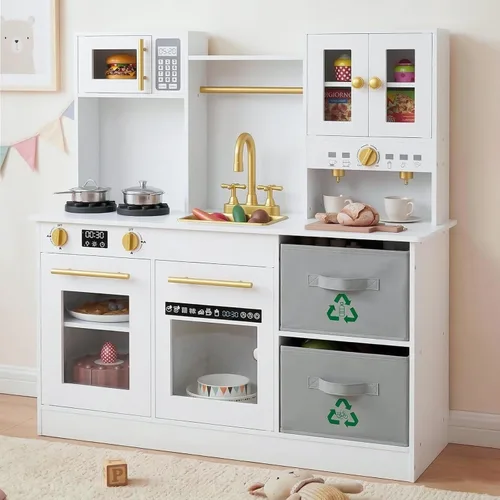INFANS Juego de cocina para niños, cocina de madera con luces realistas, sonidos, cafetera, lavavajillas, microondas, horno, cajones de tela Blanco