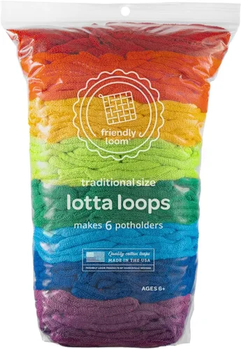 Friendly Loom - Bucles de tejer de algodón de calidad en colores arcoíris – 7" Tamaño tradicional | Teje 6 agarraderas funcionales | Fabricado en