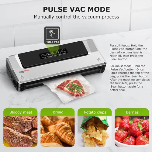 Miniatura 5 de Máquina Selladora al Vacío Bonsenkitchen con 40 Bolsas Sellador de Alimentos Compacto para Almacenamiento de Cocina y Preparación de Comidas