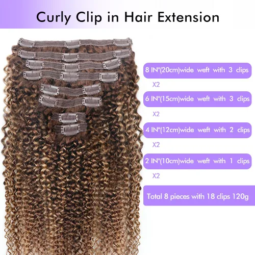 Miniatura 2 de Extensiones de cabello humano real rizado con clip, balayage, color marrón chocolate a rubio caramelo, 8 piezas con 18 clips, 4.23 oz/juego