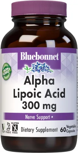 Bluebonnet Cápsulas vegetarianas de ácido alfa lipoico, 300 mg, 60 unidades, color blanco