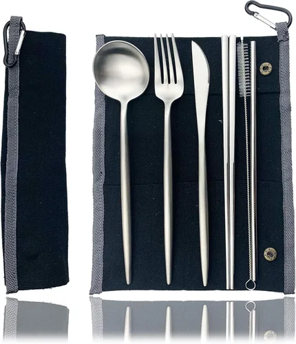 Miniatura 10 de JASHII El juego de cubiertos de viaje incluye cuchillo reutilizable, tenedor, cuchara, palillos, pajilla, utensilios ecológicos, utensilios de Azul
